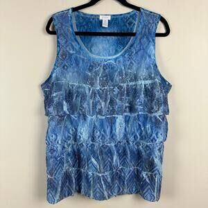 Chico’s Blue Tiered Blouse 3 XL Boho Flowy Layered Artsy Watercolor Eclectic Dye